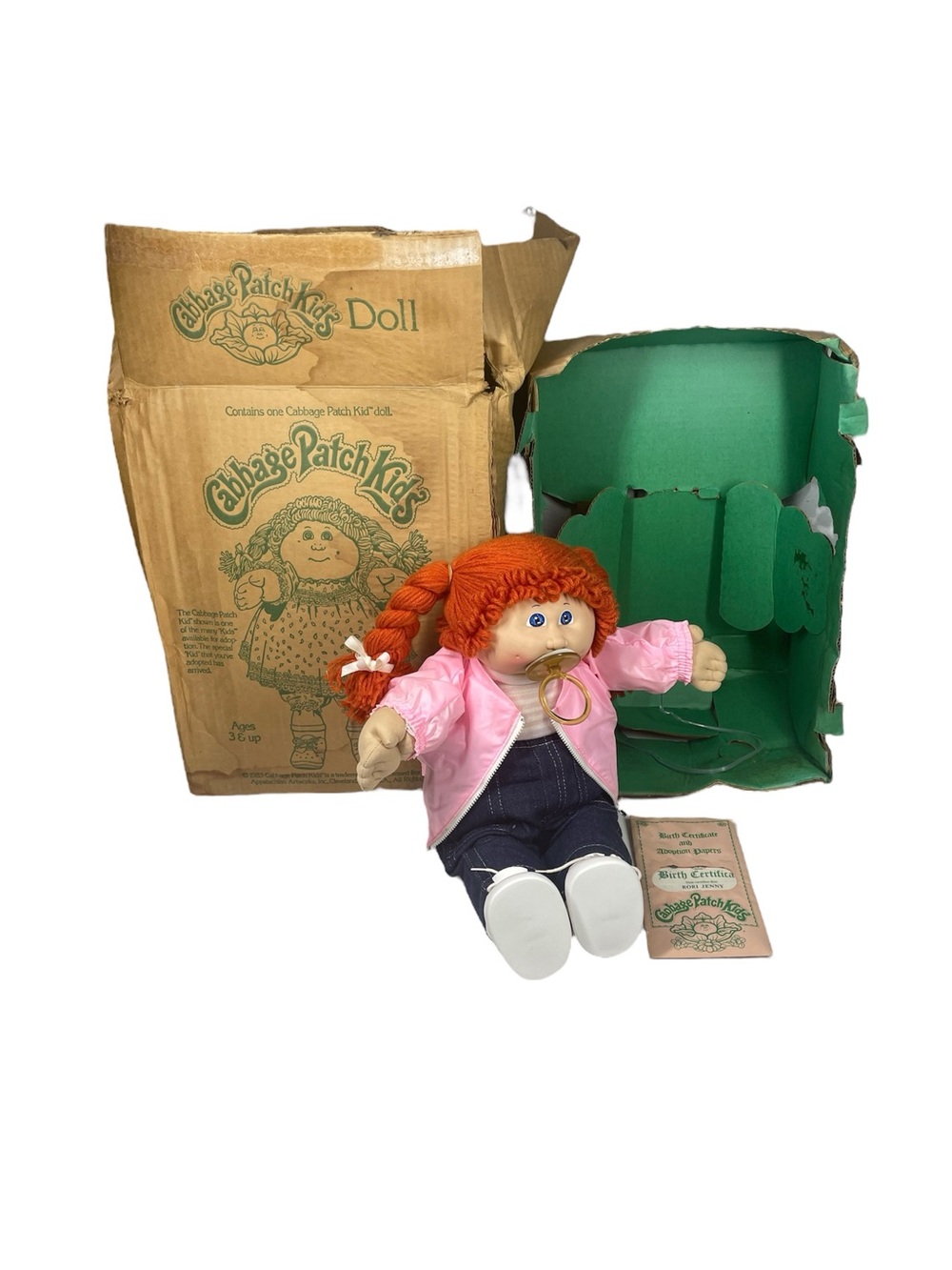 Vintage Cabbage Patch 1983 Doll Red Hair Blue Eyes Pacifier Sealed Papers + Box